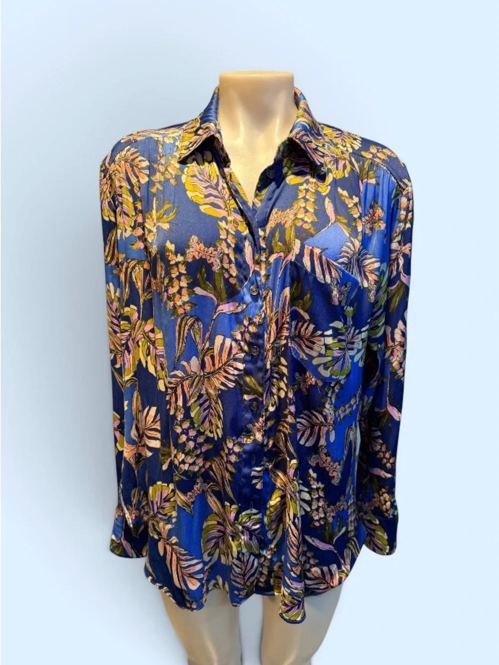 Free People Navy Blue Botanical Satin Button-Down Blouse